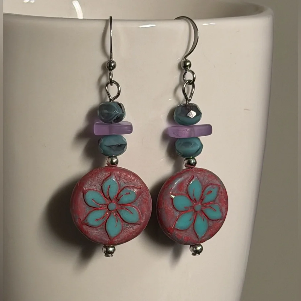 Handcrafted Floral Pink and Turquoise Czech Glass Earrings - Picture 4 of 16